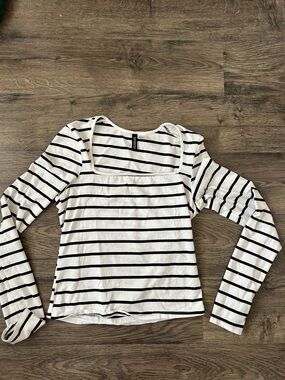 H&M divided Black and White Striped Square-Neck Long Sleeve Top